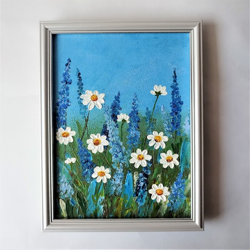 Wildflowers and daisies painting wall decoration Landscape painting artwork - 壁貼/牆壁裝飾 - 壓克力 藍色