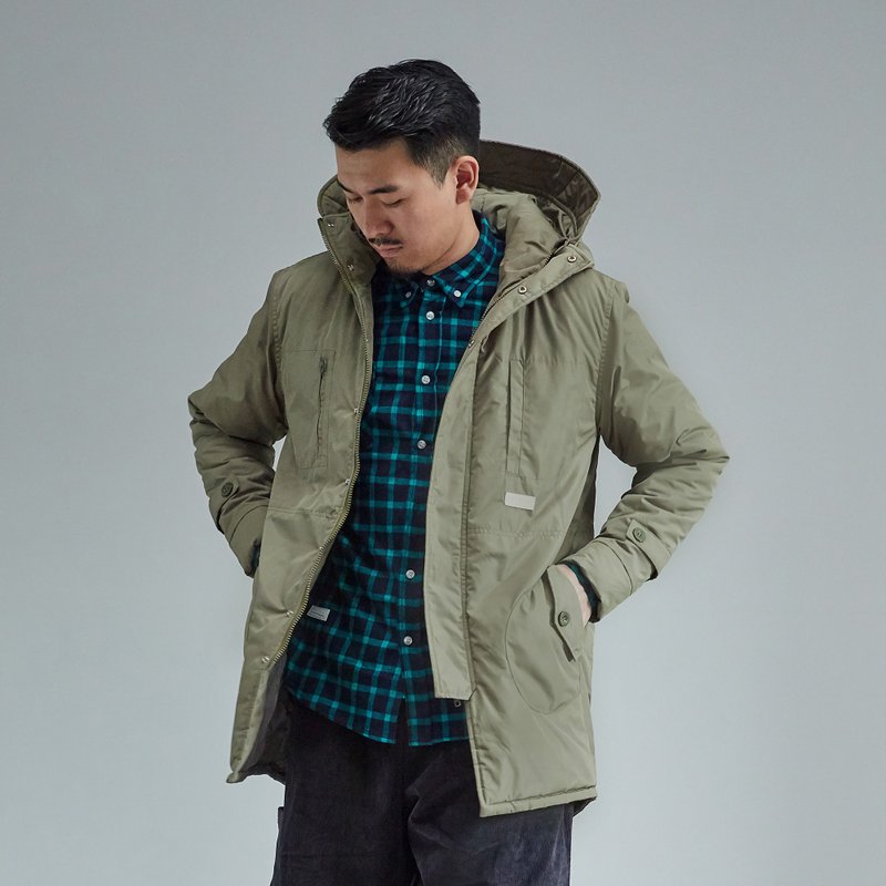 THREADESIGN LONG QUILTED RAINCOAT 防風拉鏈連帽中長款夾棉外套 - 男夾克/外套 - 聚酯纖維 綠色