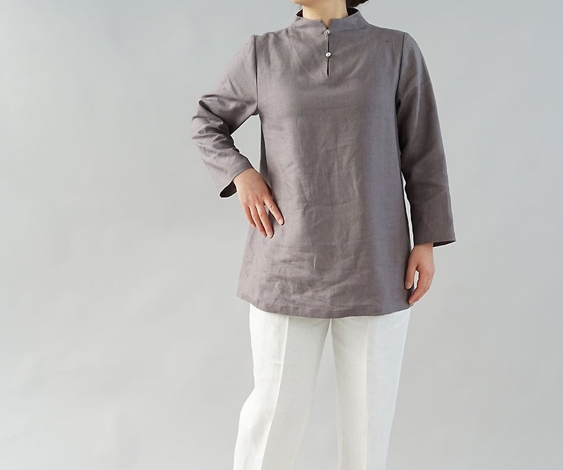 wafu  Linen tunic / blouse / long sleeve / bottle neck / ash brown  t007a-srf2 - เสื้อผู้หญิง - ผ้าฝ้าย/ผ้าลินิน สีเทา