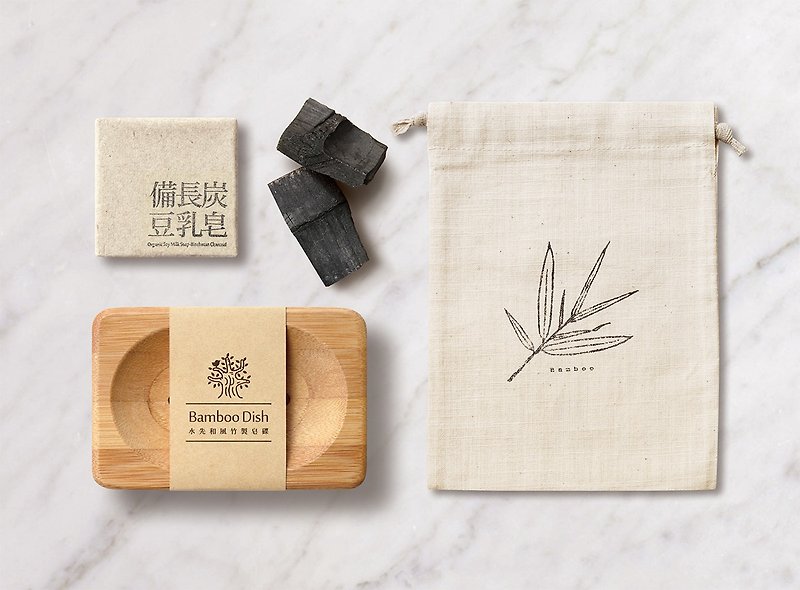 Exchange gift ‧ cool small gift bag (60g long prepared charcoal milk soap + and wind bamboo soap dish + totem bamboo grain beam pocket) - Soap - Plants & Flowers White