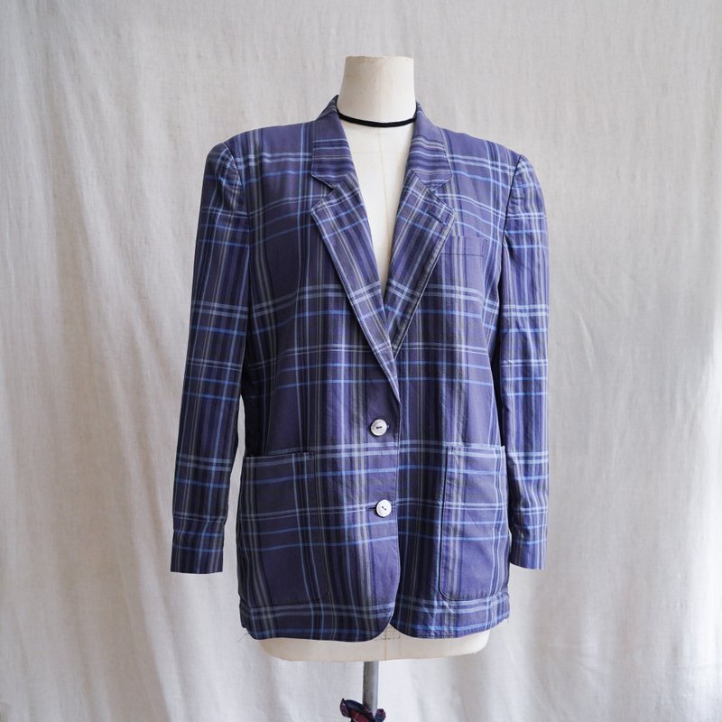 burberry藍格子棉外套中古古著外套 vintage - 女西裝外套 - 棉．麻 藍色