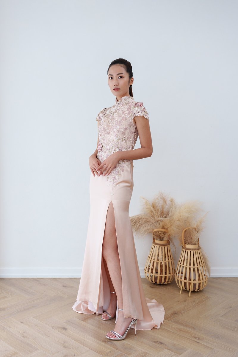 絲緞蕾絲有袖旗袍 (粉紅色) | 香港設計 | 奶奶裙 - 旗袍 - 聚酯纖維 粉紅色