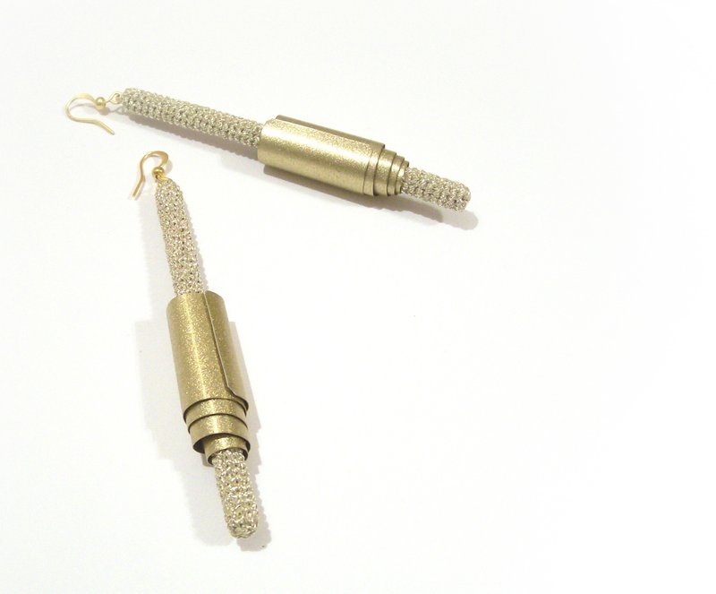 Metallic Gold Stick Earrings Crochet Tube - ต่างหู - งานปัก สีทอง