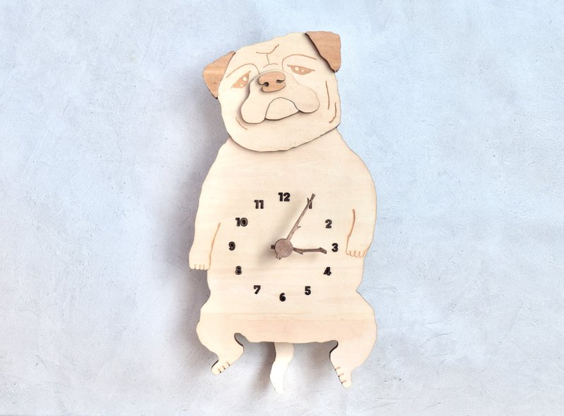 Pug always looks at you with its round eyes Clock Wooden Wall Clock - Clocks - Wood Khaki