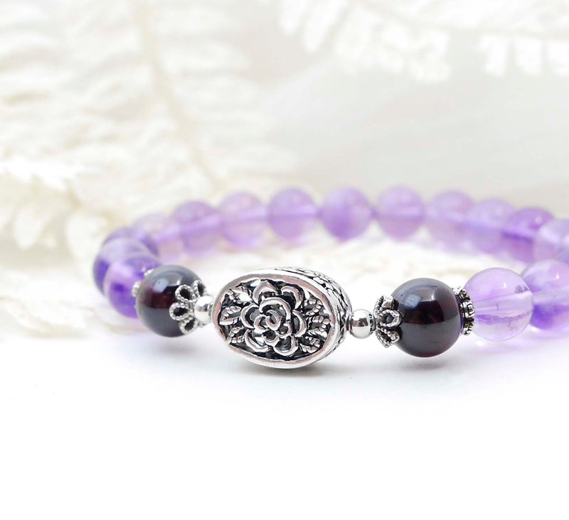 Burgundy Stone Amethyst 8MM 925 Sterling Silver Natural Stone Bracelet - สร้อยข้อมือ - คริสตัล สีม่วง