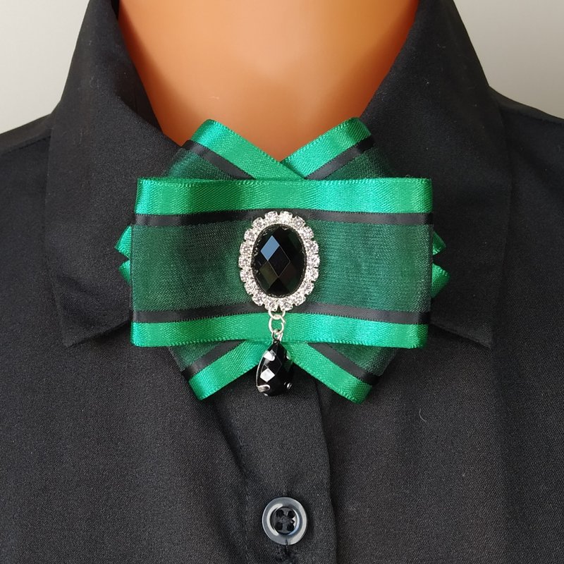 Green collar bow brooch. Large black crystal bow tie pin. Neck bow for women. - Brooches - Polyester Green