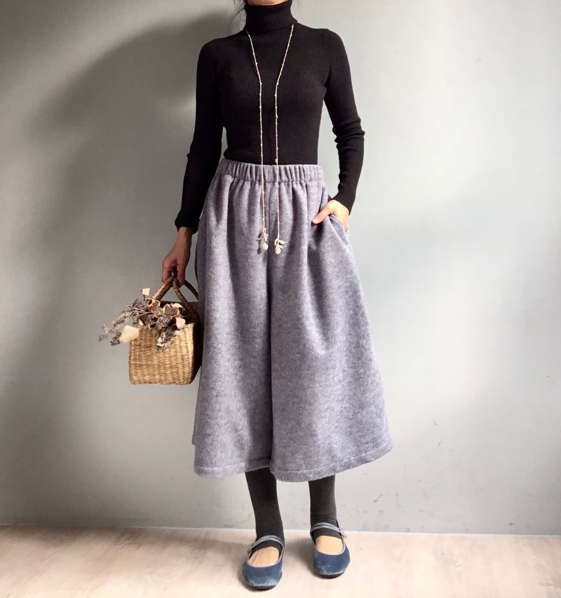 Morning like frosting/blue gray wool warm wide pants skirt/Wool - Skirts - Wool Gray