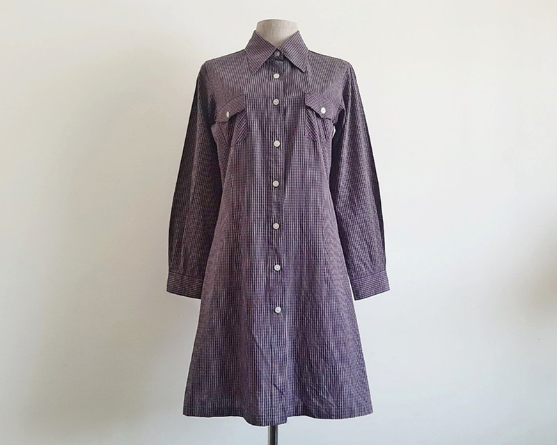 XS Vintage Navy Blue Red Plaid Dress Womens Tartan Shirt Dress Cotton Dress - ชุดเดรส - ผ้าฝ้าย/ผ้าลินิน สีน้ำเงิน