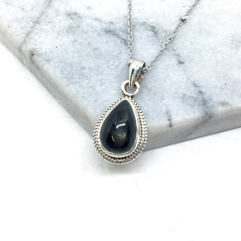 Black Star Stone 925 sterling silver simple trim necklace Nepal handmade mosaic production (style 1) - Necklaces - Gemstone Black