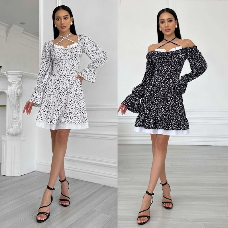 Leda Dress - Black and White Spring-Summer Floral Print Mini Dress with Flounces - One Piece Dresses - Silk White