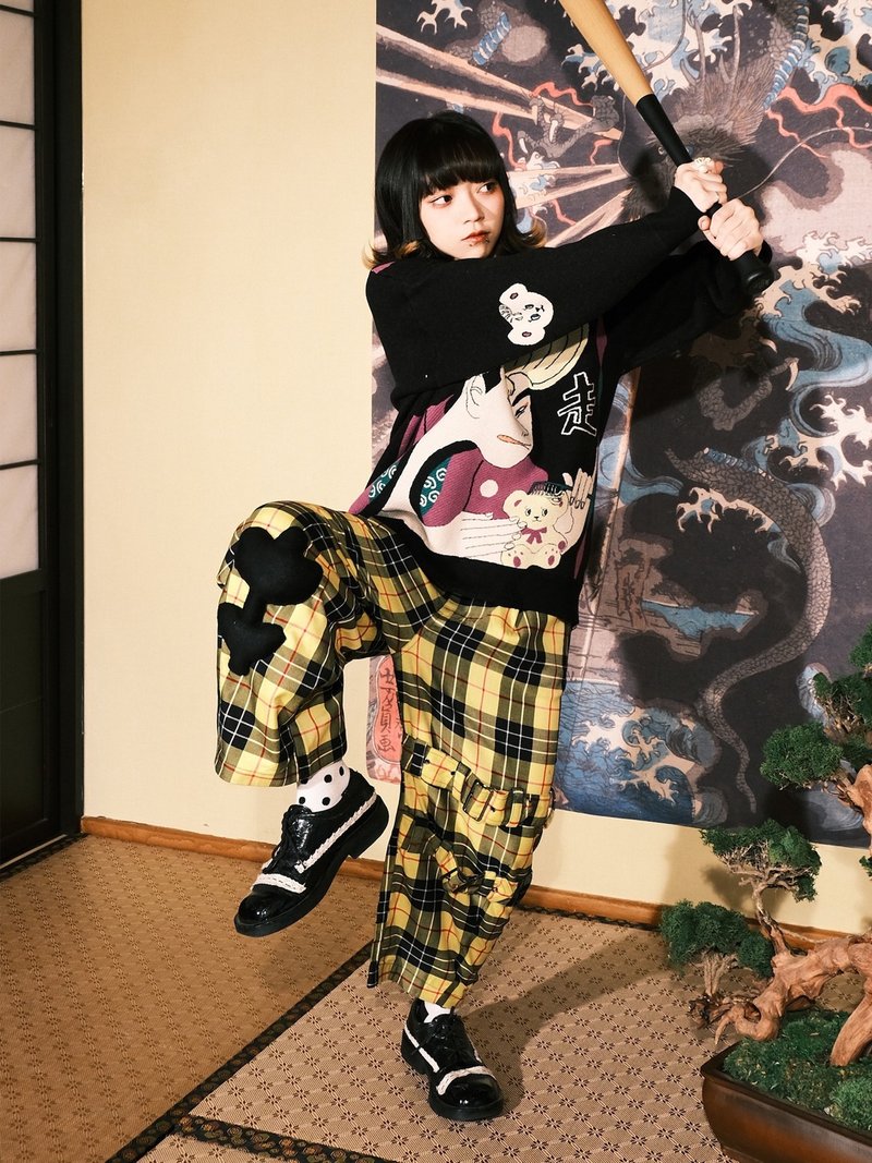 Meugler牛稠島 暴走族 黃格子朋克風 充絨鬱金香闊腿褲 - 女長褲 - 棉．麻 黃色