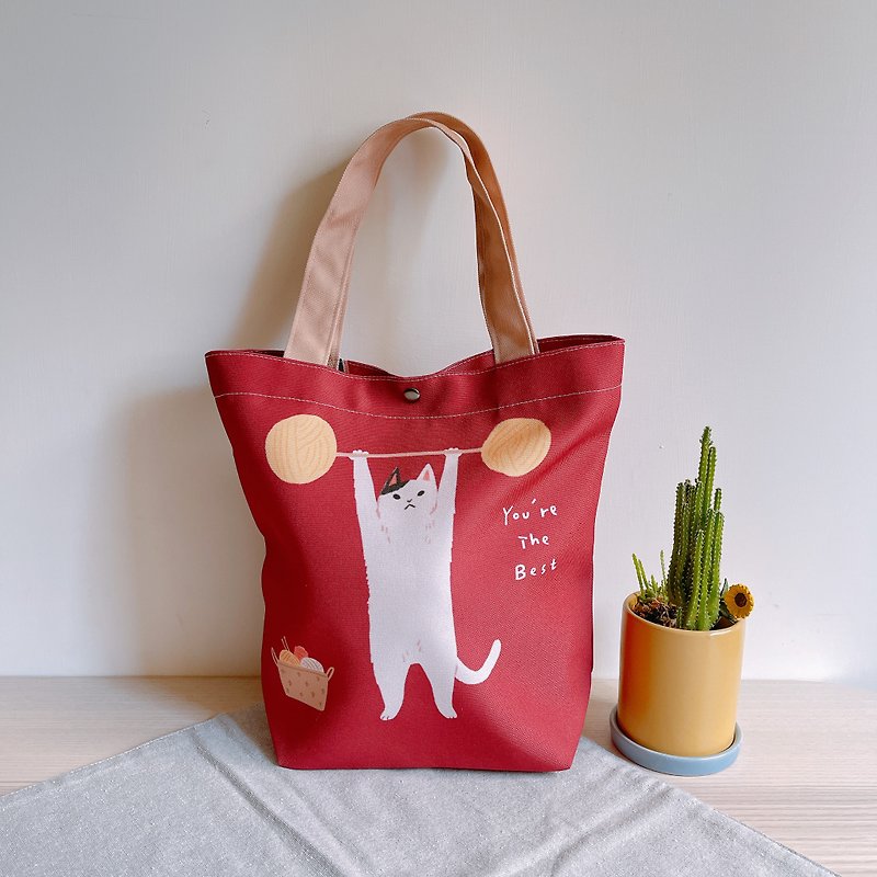 ไฟเบอร์อื่นๆ กระเป๋าถือ สีแดง - Exchange gifts [slowly pick x dust fish-red weightlifting cat] 2-sided printing water-repellent bag