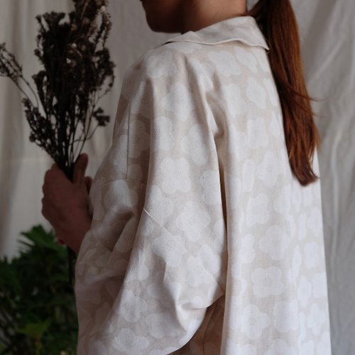 AMERRYHEART寬寬製造 雪見白花 小圓領日式寬袖長版洋裝襯衫