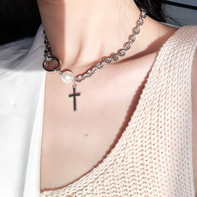 【SoLight Salt Blue】SL265, SL266 Pearl Cross Lock Design Necklace - Necklaces - Other Materials Silver