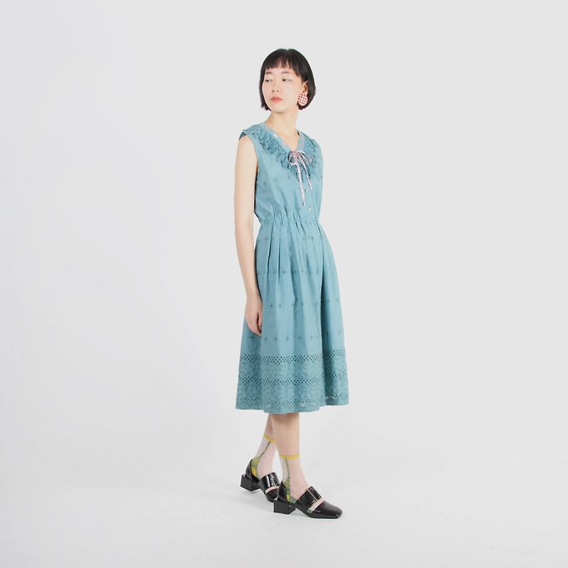 [Egg plant ancient] 沁 cool water color embroidery sleeveless vintage dress - One Piece Dresses - Polyester Blue