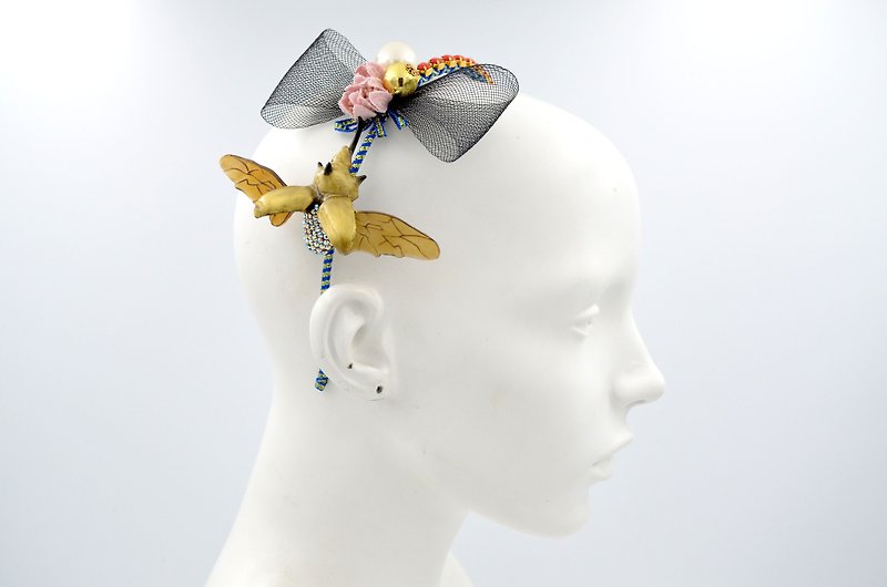 甲虫 獨角仙 小花絲帶裝飾髮箍 蝴蝶結寶石頭箍 HEADBAND - 髮帶/頭箍 - 其他材質 藍色