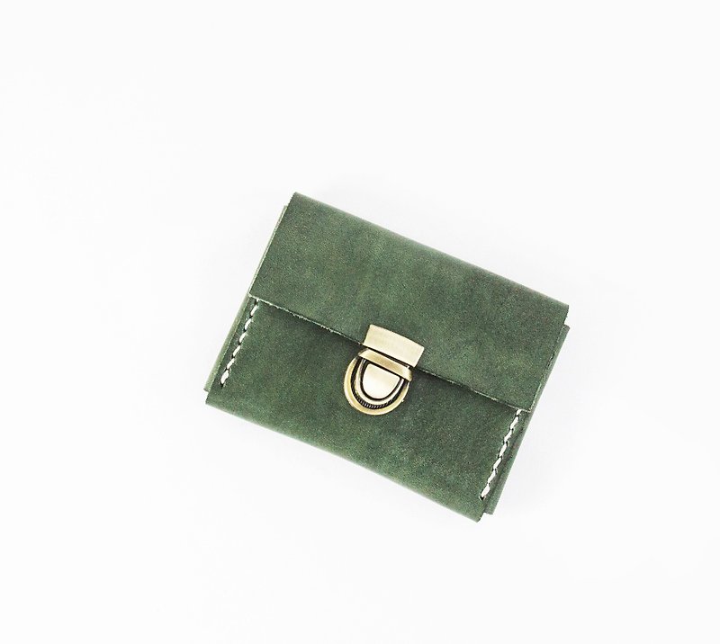 [Leather double-layer card coin purse/business card bag] European vegetable tanned cowhide/customized lettering/forest green - Wallets - Genuine Leather Green
