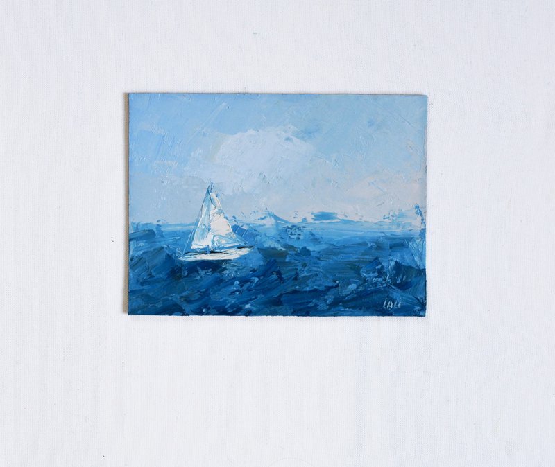 原創油畫 帆船畫 海邊畫 海景藝術 20x15cm - 海報/掛畫/掛布 - 其他材質 藍色