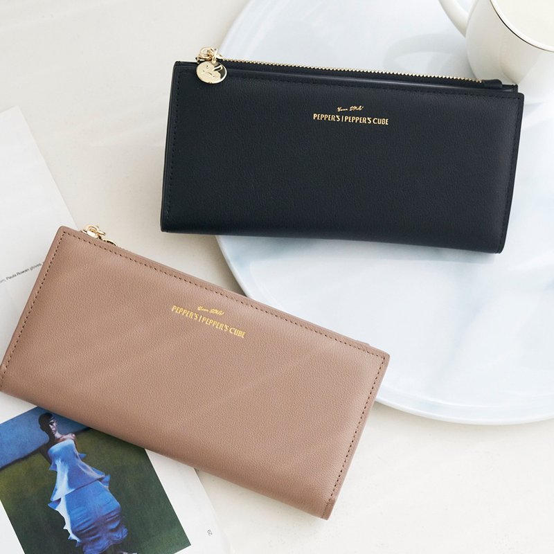 GOLD Leather Zipper Thin Long Clip - Mocha Brown/Cream Green/Smoky Black - กระเป๋าสตางค์ - หนังแท้ หลากหลายสี