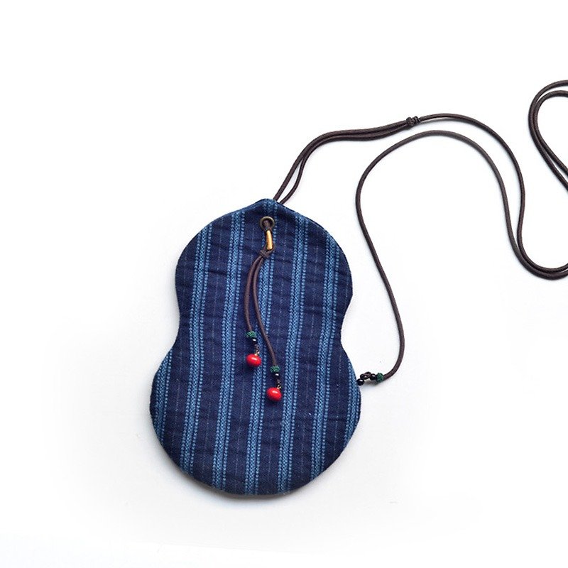 手作葫蘆造型側背包  隨身掛包證件包 手機包 聚財包 - 側背包/斜背包 - 棉．麻 藍色