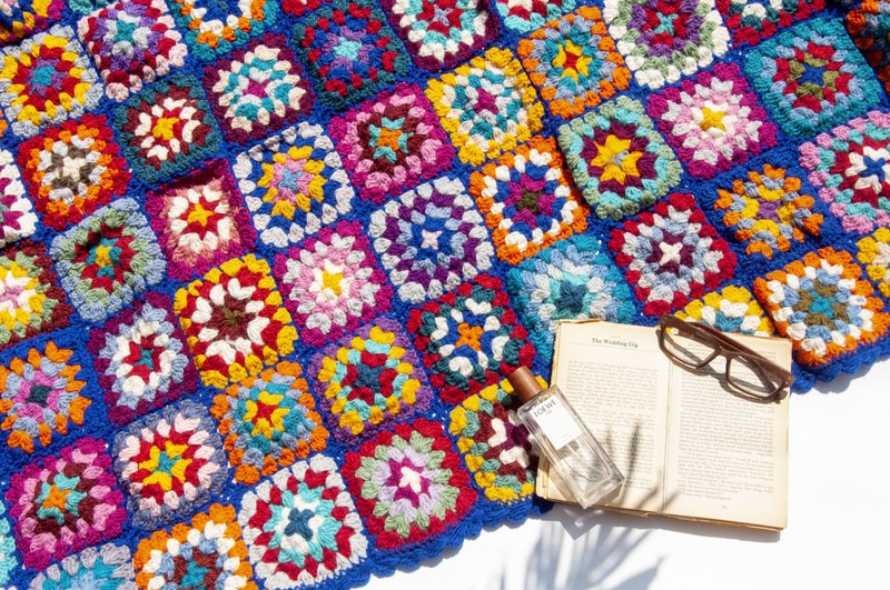 Handmade wool crocheted throw blanket, woven sofa towel, camping warm Eastern European style crocheted table mat-Rainbow Flowers - Knit Scarves & Wraps - Wool Multicolor