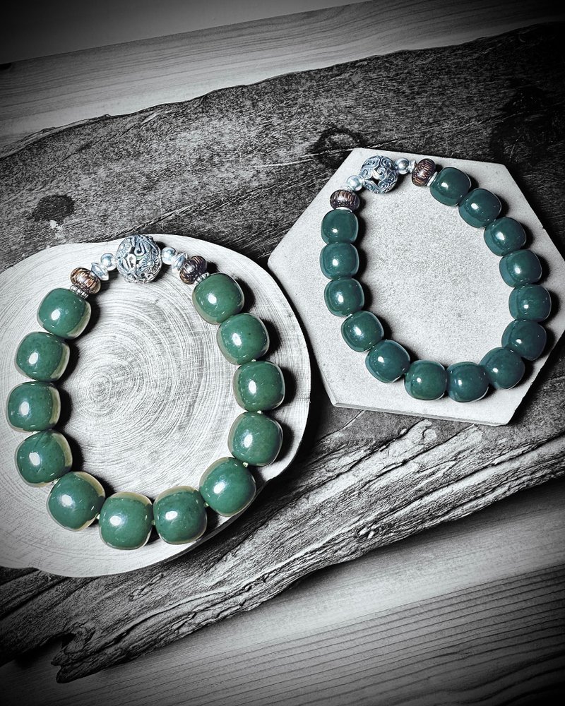 和田玉且末料 銀製手串 - 手鍊/手鐲 - 玉石 