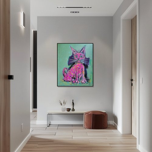 抽象画、ブルーと子猫 気まぐれなピンクの猫のアート抽象的な猫の絵画遊び心のある
