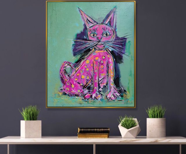 気まぐれなピンクの猫のアート抽象的な猫の絵画遊び心のある
