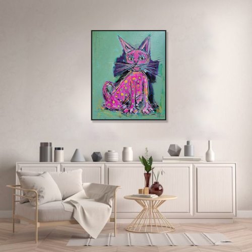 抽象画、ブルーと子猫 気まぐれなピンクの猫のアート抽象的な猫の絵画遊び心のある