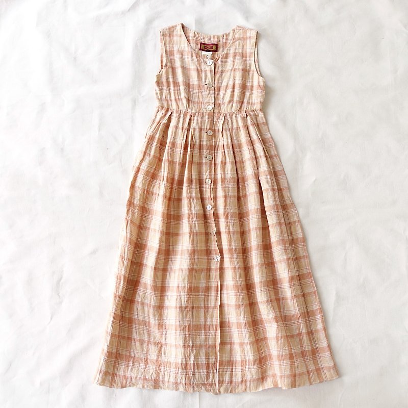 BajuTua / vintage / French style hemp powder color sleeveless dress Plaid - One Piece Dresses - Cotton & Hemp Pink