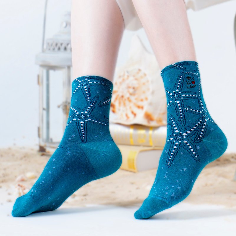 [Time Rubbing] Deep Sea Star Wish-Roll 1/2 Socks-Blue and Green Socks with Exquisite Patterns and Carved Texture - ถุงเท้า - ผ้าฝ้าย/ผ้าลินิน 