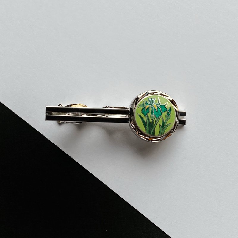 Silver Iris [Mint] Cloisonne tie pin, pure silver metal cloisonne, silver hardware - เนคไท/ที่หนีบเนคไท - เงิน สีเขียว