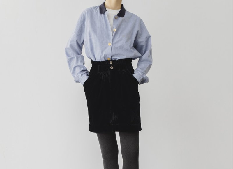 French retro gentleman girl POLO collar cotton long-sleeved shirt - เสื้อเชิ้ตผู้หญิง - ผ้าฝ้าย/ผ้าลินิน สีน้ำเงิน