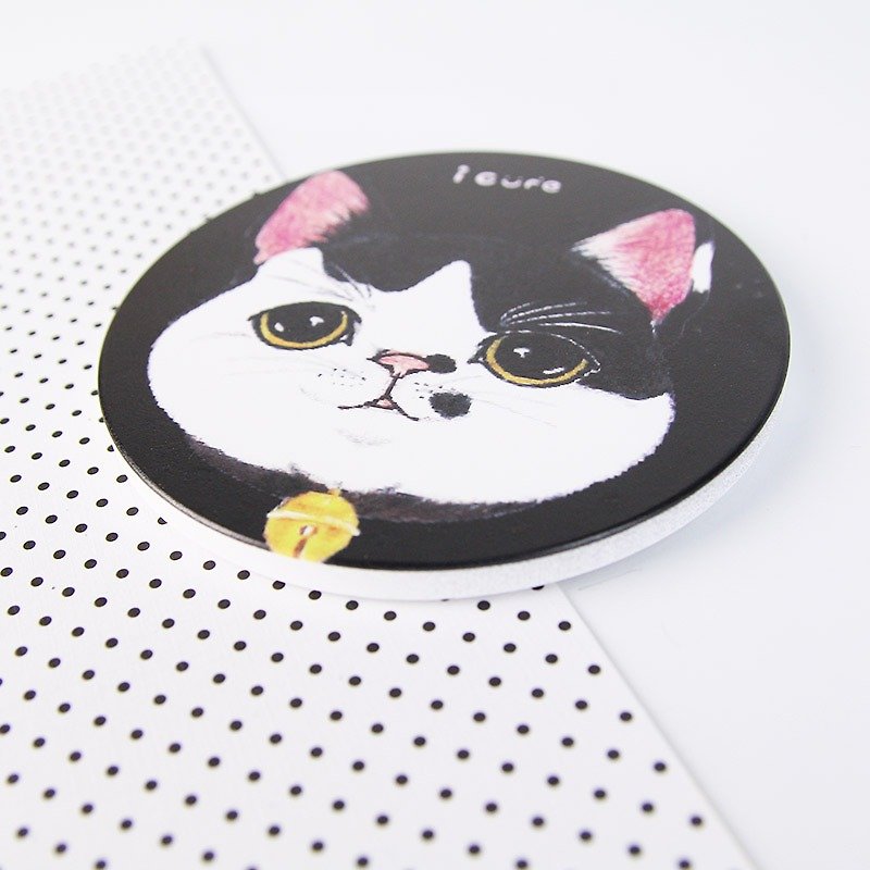 icure water coaster-i magic-hand-painted cat H5. black and white cat pet black and white - Coasters - Pottery Black