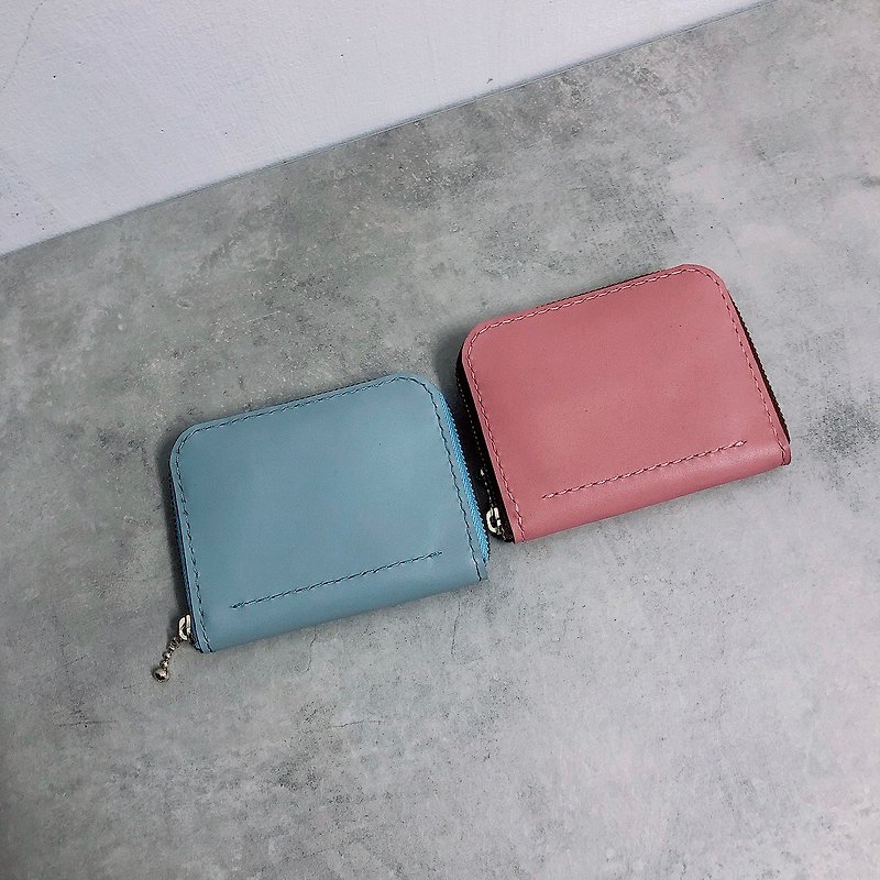 Desert rose/haze blue handmade cowhide coin purse/card holder CREEP handmade leather goods - Wallets - Genuine Leather 