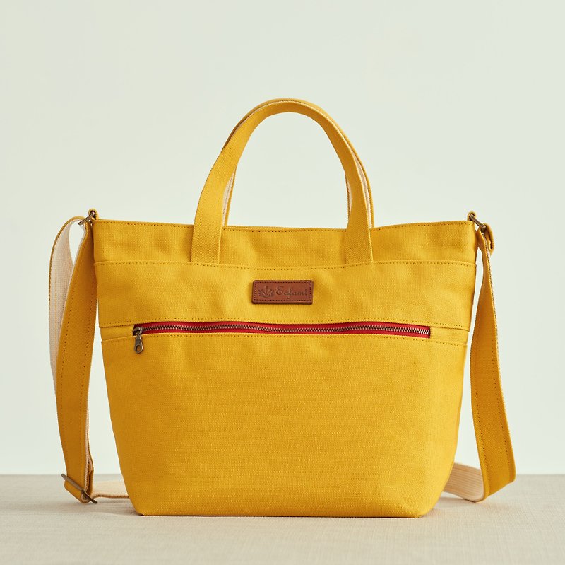 Cotton Canvas Magnetic Tote Bag Yellow-R-Multi-compartment Made in Taiwan - กระเป๋าถือ - ผ้าฝ้าย/ผ้าลินิน สีเหลือง