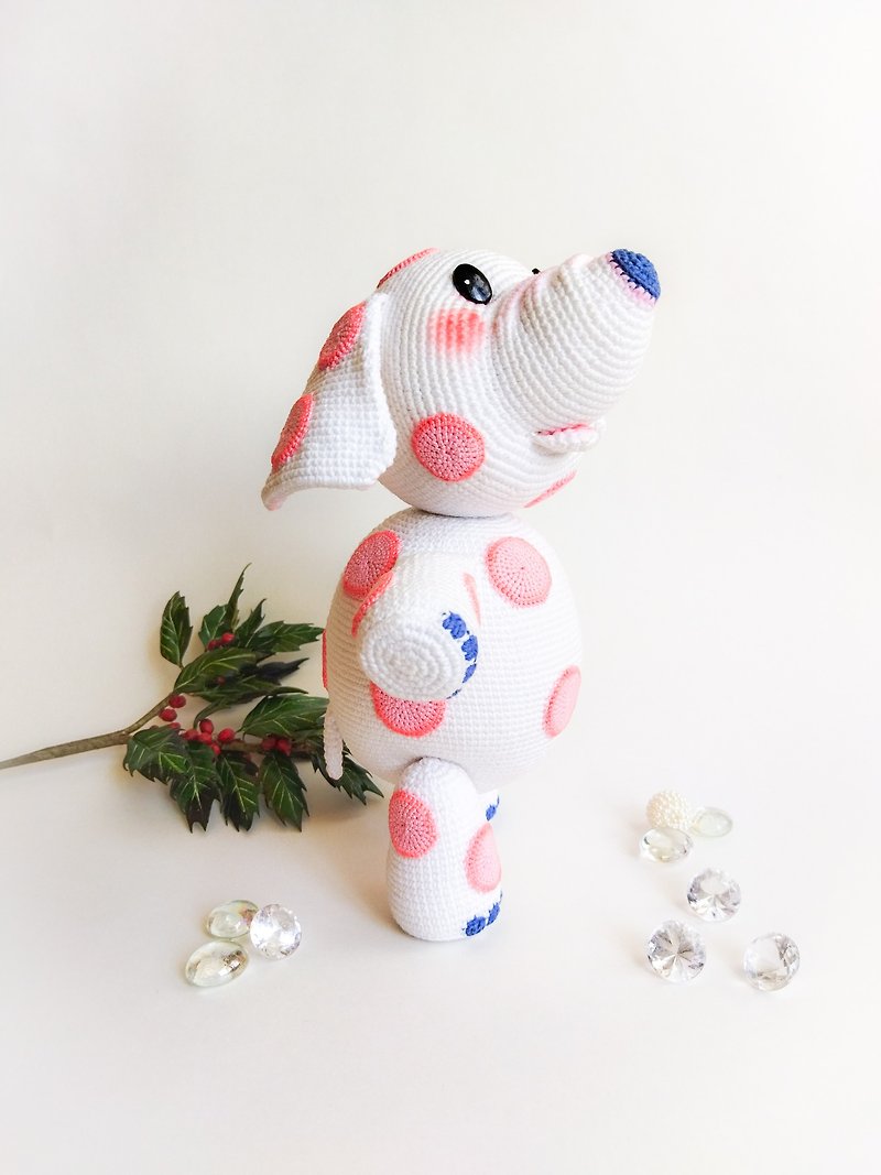 Rare white spotted polka Elephant of island misfit toys crocheted toy handmade. - ตุ๊กตา - ผ้าฝ้าย/ผ้าลินิน ขาว