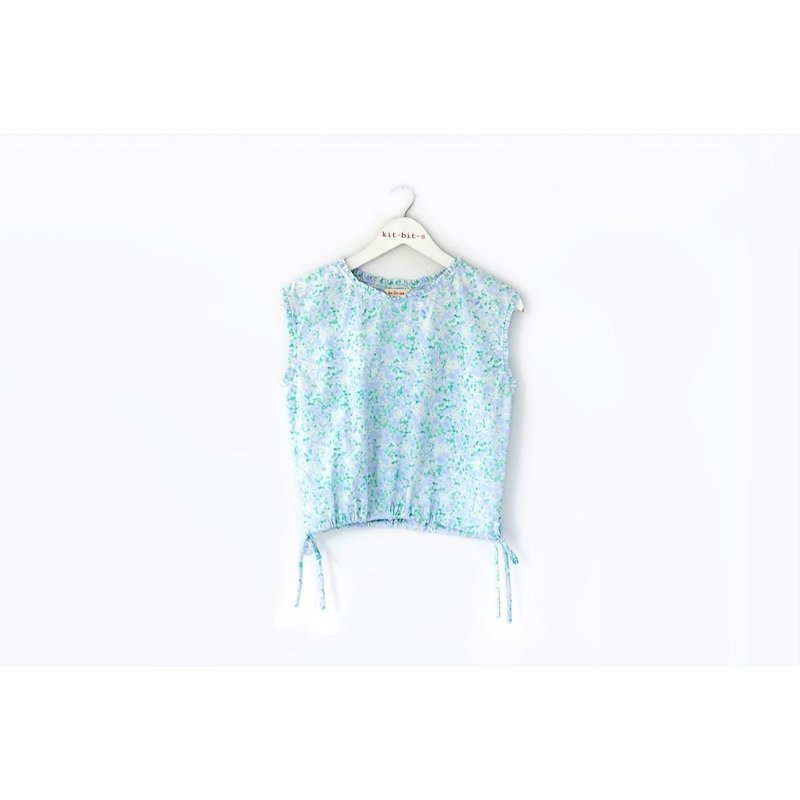 Green flower lover print mini ruffled blouse and bow - 女上衣/長袖上衣 - 棉．麻 綠色
