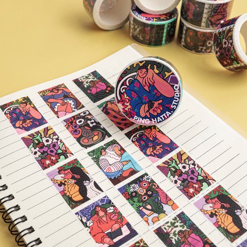 pinghattastudio Stamp Washi Tape - Sweet Time Colorful Expressionist Woman flower washi tape