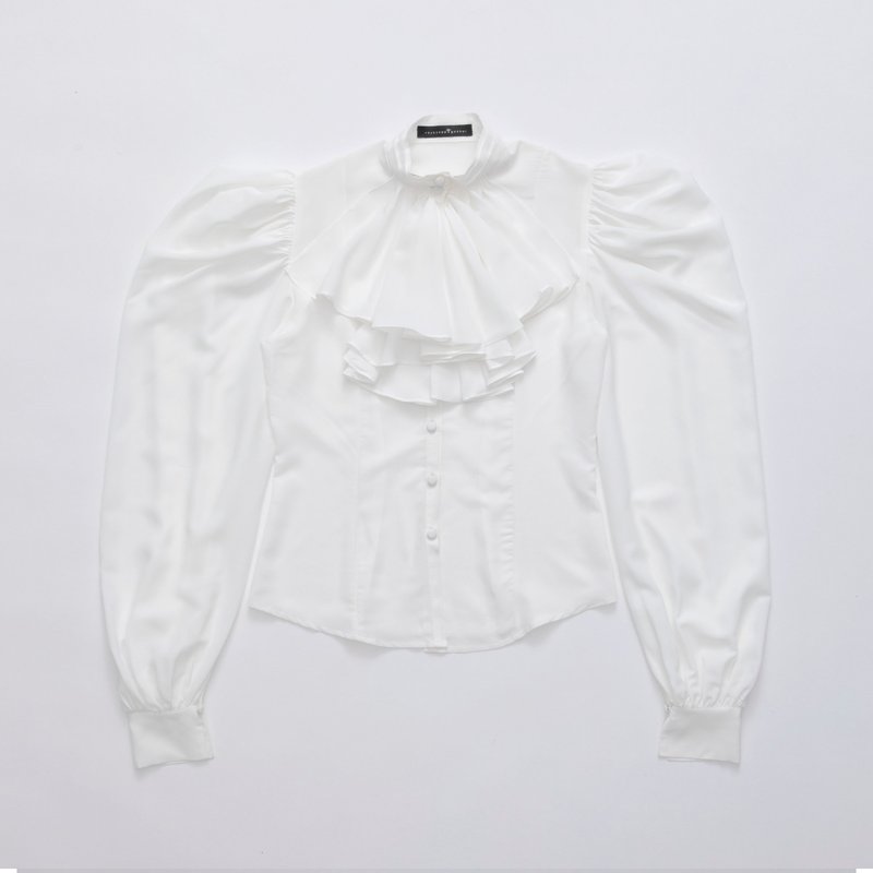 Ruffle collar mutton sleeves blouse - เสื้อเชิ้ตผู้หญิง - เส้นใยสังเคราะห์ ขาว