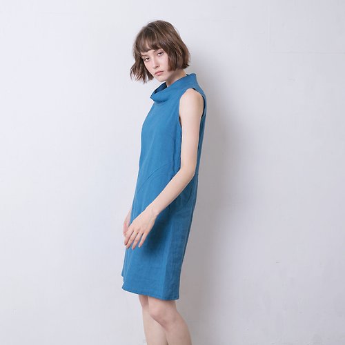 raw-ecoproject 幾何翻領洋裝 - 蔚藍