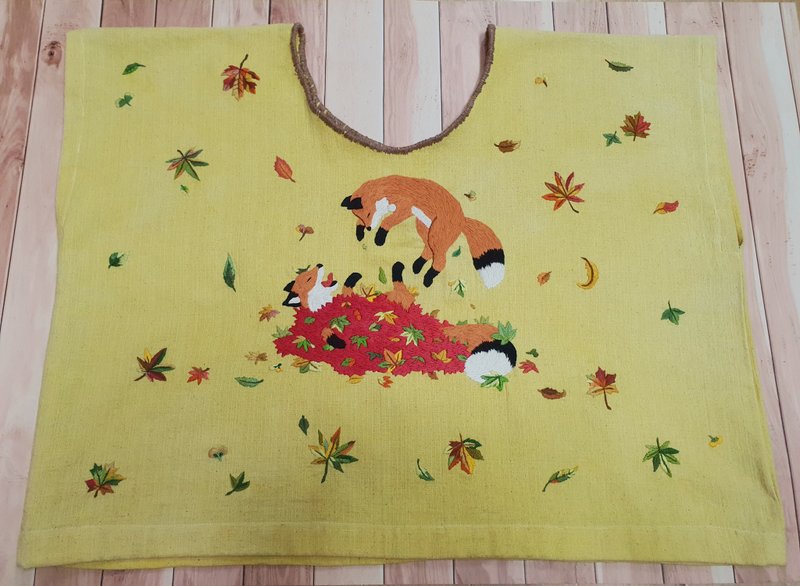 手工刺繡襯衫、棉布、狐狸、秋天、葉子 - 女上衣/長袖上衣 - 繡線 黃色