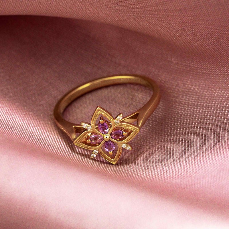 【Purplemay jewellery】18K SOLID GOLD RETRO AMETHYST DIAMOND RING - r177 - แหวนทั่วไป - เครื่องเพชรพลอย สีม่วง