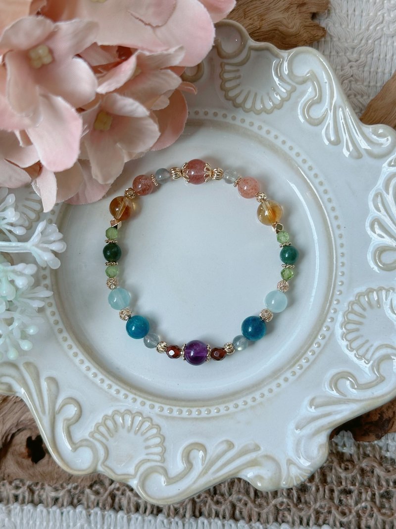 彩虹光譜 l 草莓晶 阿魯沙 海藍寶 磷灰石 拉長石 紫水晶 手鍊 - 手鍊/手鐲 - 水晶 紫色