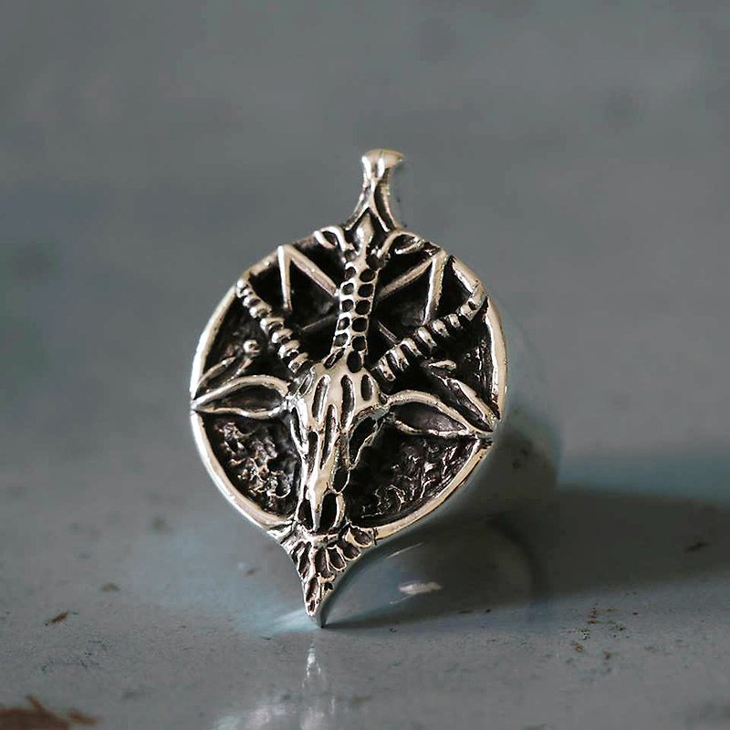 Biker Rings Skull sterling silver Satan Baphomet Pentagram Goat alien Satanic - General Rings - Other Metals Silver
