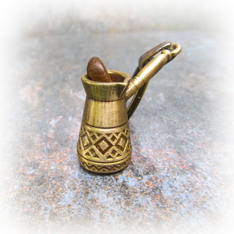 Coffee pot keychain,handmade brass keychain,coffee bean keychain,coffee pot key - 鑰匙圈/鑰匙包 - 銅/黃銅 金色