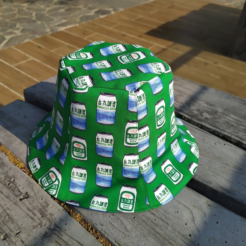 Handmade double-sided bucket hat/short brim/visor/green/Taiwan beer - Hats & Caps - Cotton & Hemp Green