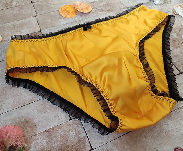 Yellow silk fabric briefs with Black ruffles, Silk Satin Panties