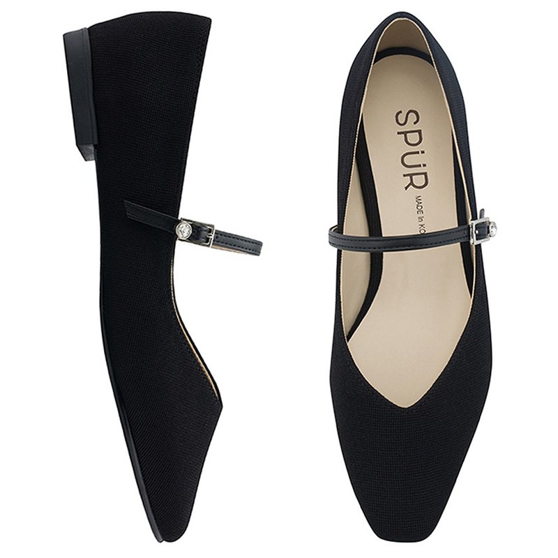 SPUR Jewel buckle maryjan Flats OS9021 Black - รองเท้าบัลเลต์ - วัสดุอื่นๆ สีดำ