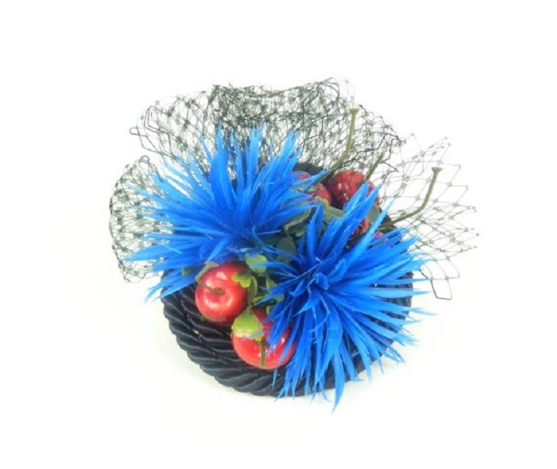 SALE Fascinator Headpiece in Blues with Feathered Flowers, Cherries and Veil - เครื่องประดับผม - วัสดุอื่นๆ สีน้ำเงิน